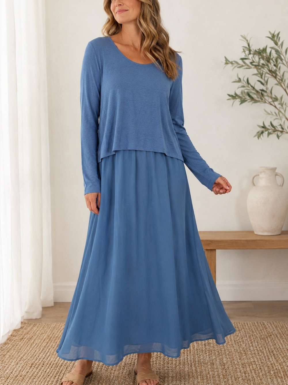Soft Surroundings NWT Layered Knit Chiffon Maxi Dress Blue XL
